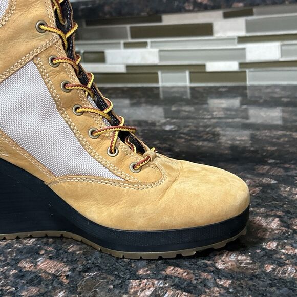 Timberland Womens Size 8 Wheat Tan Leather Lace Up Wedge Boots Tall 14.5” 23617M - Picture 7 of 16